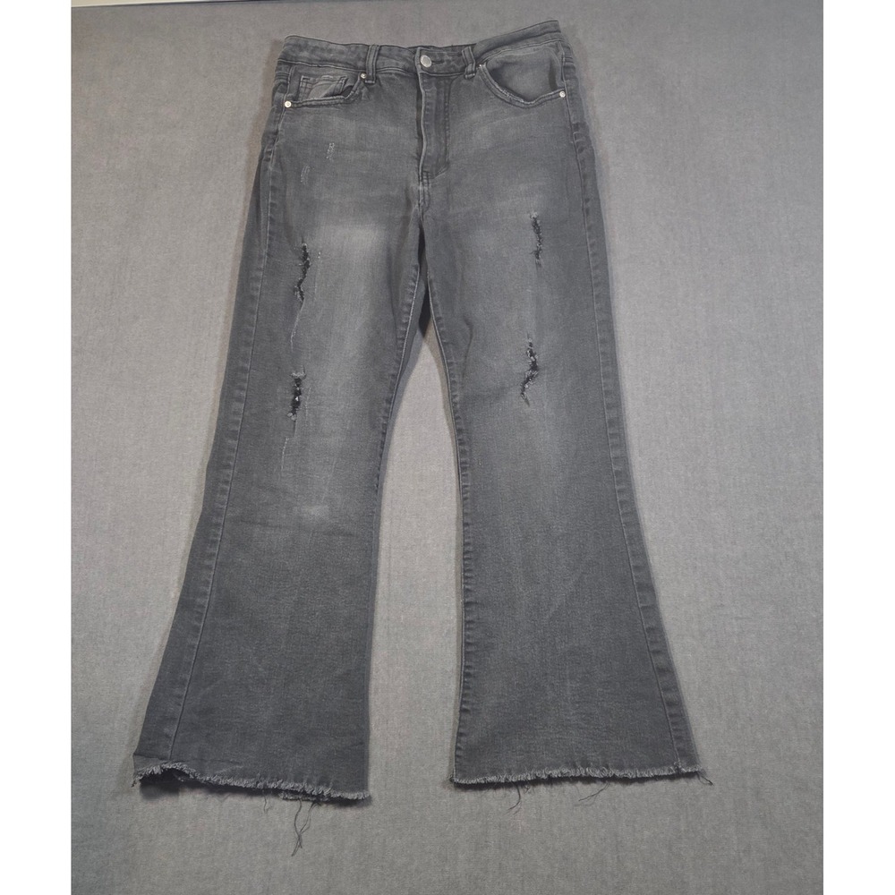Risen Jeans Flare Pants Womens 15 32 Black Distressed Raw Hem RDP1451